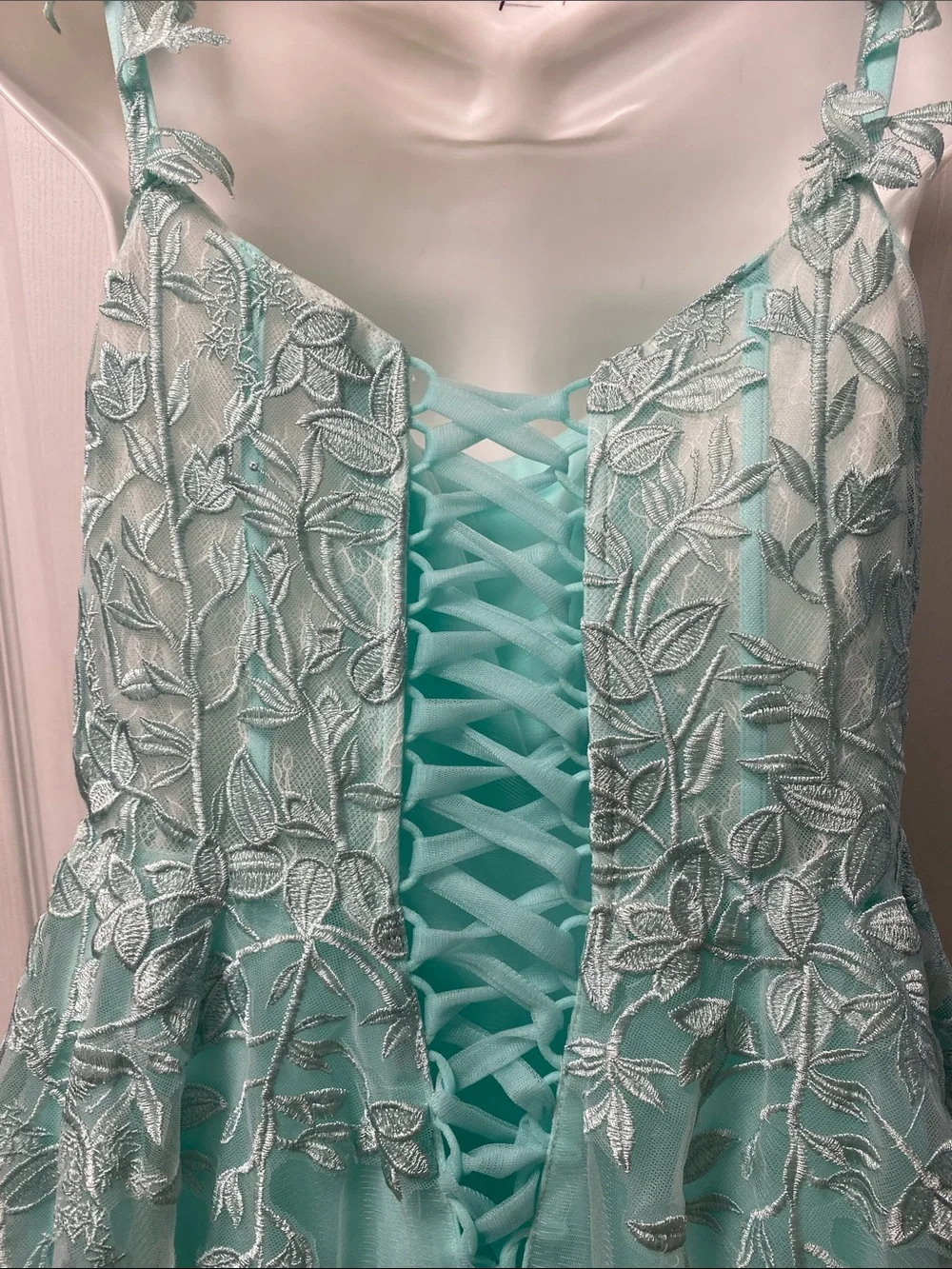 Aqua Floral Appliqué Tulle Gown